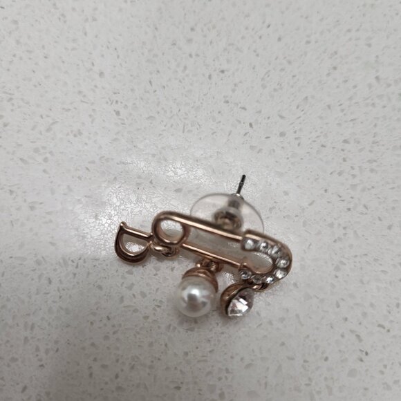 Gold Tone Safety Pin Stud Earrings with Crystal & Faux Pearl - Picture 10 of 11